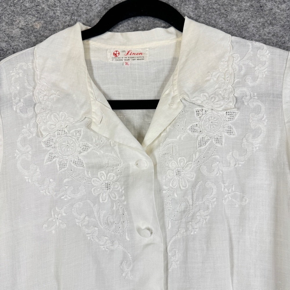Vintage Ivory Linen Embroidered Button Blouse XL Short Sleeve Summer Cottagecore - Picture 6 of 16
